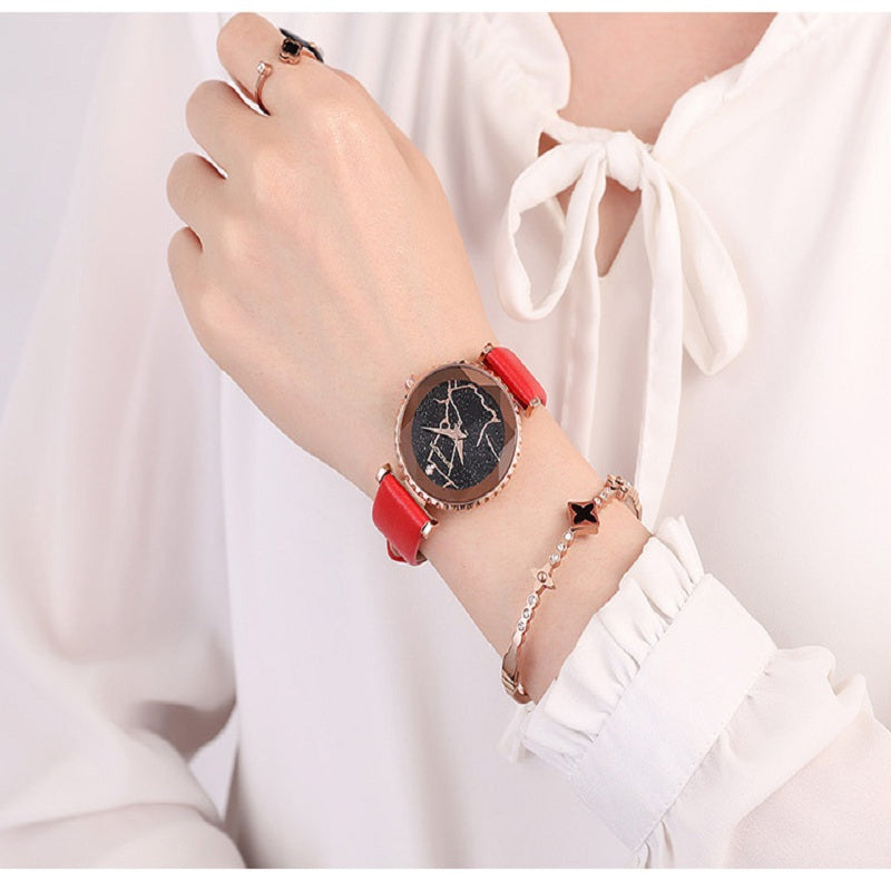SANDA P231 Women Fashion Star Transparent Dial Leather Band Quartz Watch