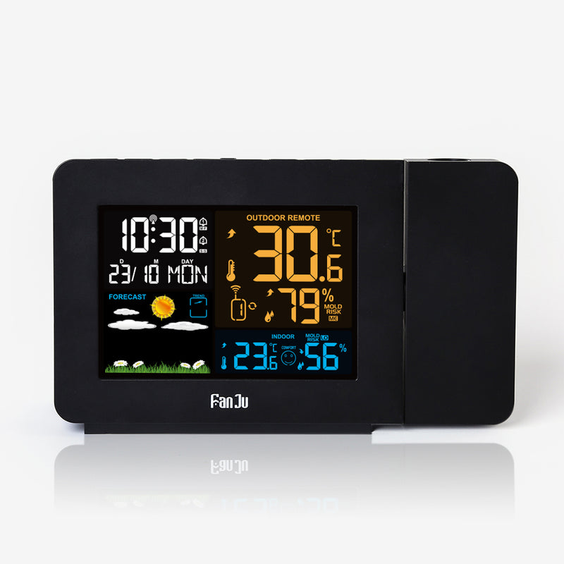 FanJu FJ3391 Weather Station Alarm Clock with Projection Weather Monitor Calendar Backlight Desk Clock