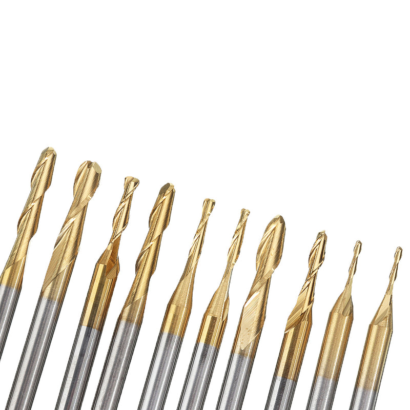 10pcs3.175mm Shank Titanium Coated Ball Nose End Milling Cutter Set 1mm-3.175mm CNC Milling Cutter