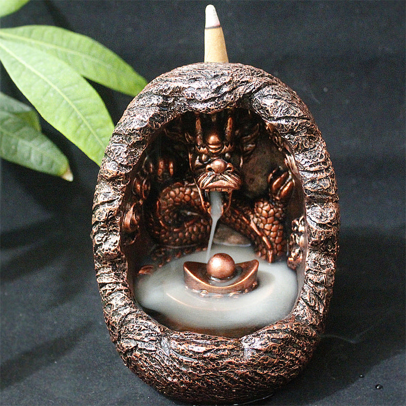 Dragon Backflow Burner Cone Incense Holder Resin Censer Buddhist Ceramic Smoke Burner Holder Buddhist Gift Home Decorations with 1Bag Cones