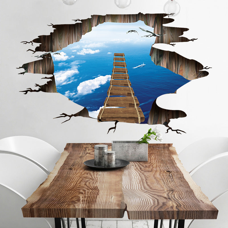 Miico Creative 3D Sky Bridge Broken Wall Removable Home Room Decorative Wall Door Decor Sticker