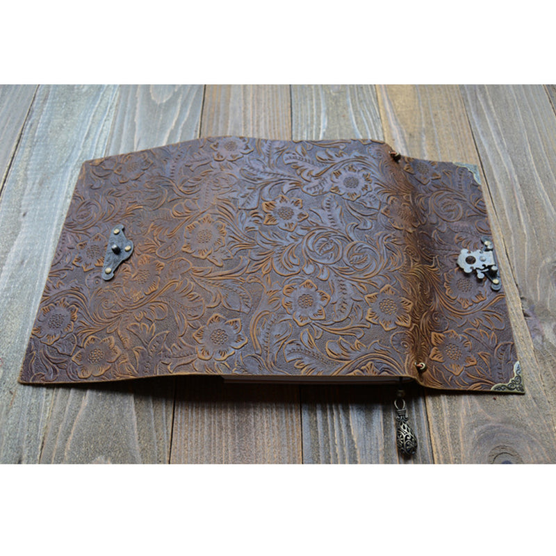 Embossed Pattern Soft Leather Travel Notebook with lock and Key Diary Notepad Kraft Paper for Business Sketching & Writing