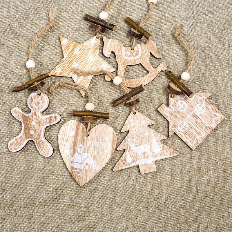 1 Set 6Pcs Christmas Tree Decorations Ornaments Hemp Rope Wooden Printing O