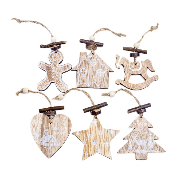 1 Set 6Pcs Christmas Tree Decorations Ornaments Hemp Rope Wooden Printing O