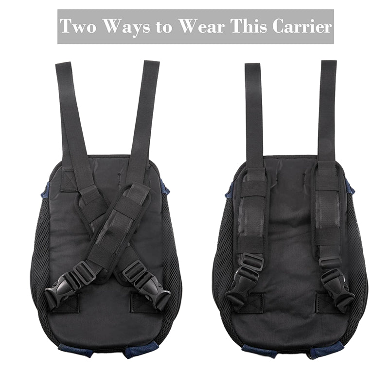 Denim Front Kangaroo Pouch Dog Carrier, Wide Straps with Shoulder Pads, Adj