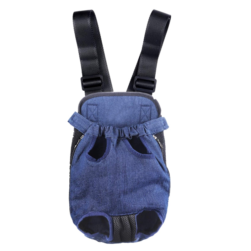 Denim Front Kangaroo Pouch Dog Carrier, Wide Straps with Shoulder Pads, Adj