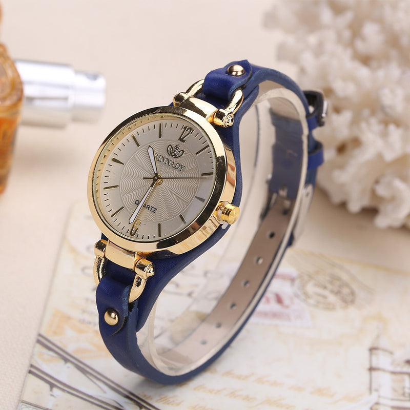 Fashion Colorful Leather Band Women Simple Dial Rose Gold Case Quartz Watch