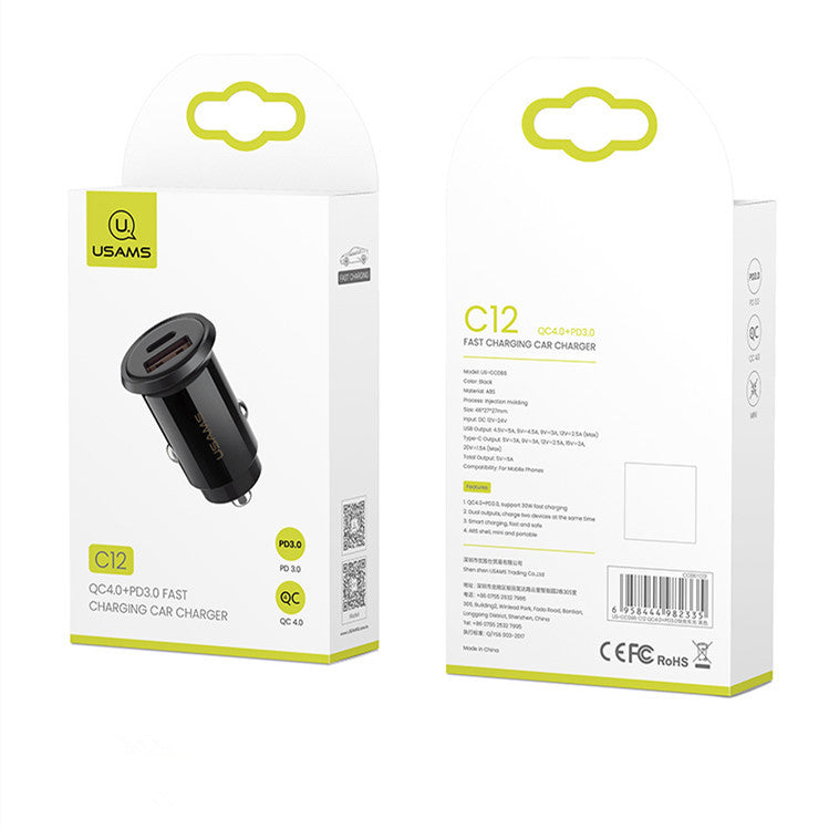 Usams C12 QC3.0 Quick Mini USB Car Charger 30W PD Fast Charging Car Charger for iPhone 11/11pro max
