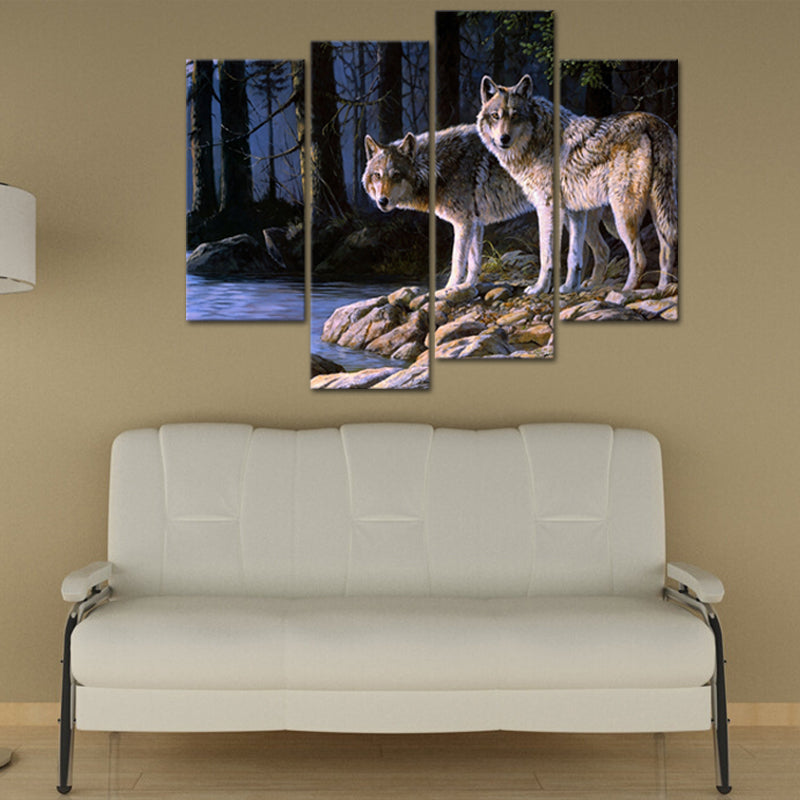 Miico Hand Painted Four Combination Decorative Paintings Two W-olves Wall Art For Home Decoration