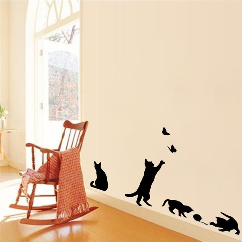 Cat play Butterflies Wall Sticker Removable Decoration Decals for Bedroom Kitchen Living Room Walls
