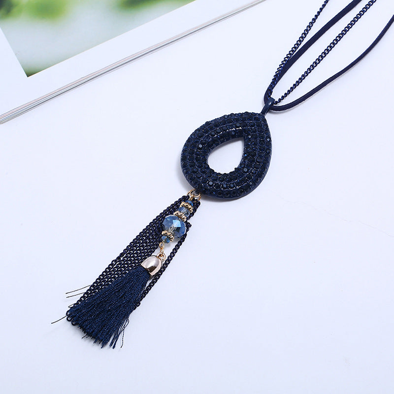 Retro Oval Rhinestone Pendant Long Necklace Velvet Tassels Charm Necklace Ethnic Jewelry for Women