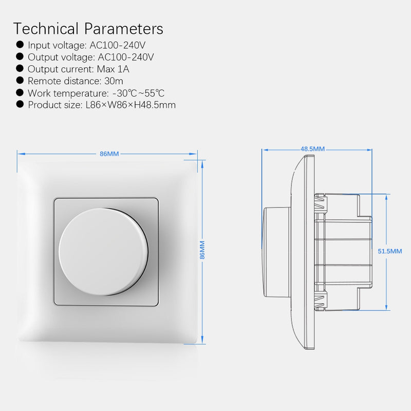 LUSTREON AC100-240V 1CH Wall Mount Rotary Panel LED Triac Dimmer Light Switch