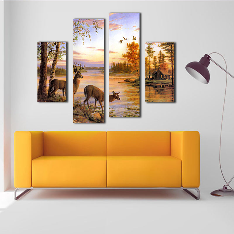 Miico Hand Painted Four Combination Decorative Paintings Lakeside Scenery Wall Art For Home Decoration