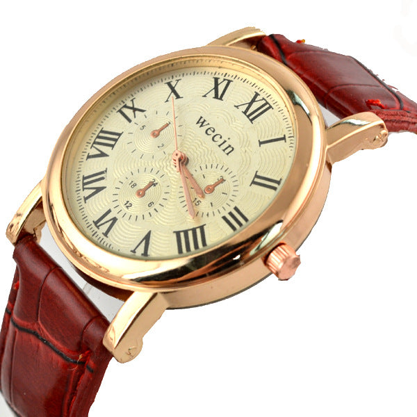 Wecin 9003 PU Leather Roman Number Band Analog Quartz Couples Watch
