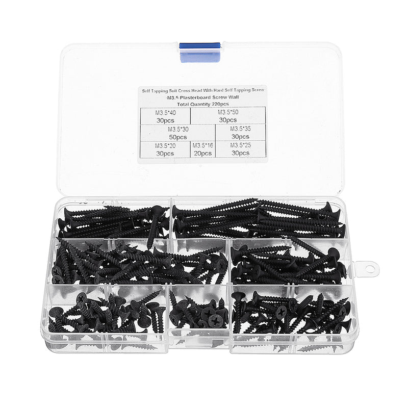 Suleve M3.5CP1 220Pcs/Set M3.5 Carbon Steel Flat Countersunk Head Cross Woodworking Screws Self Tapping Wood Screw Kit