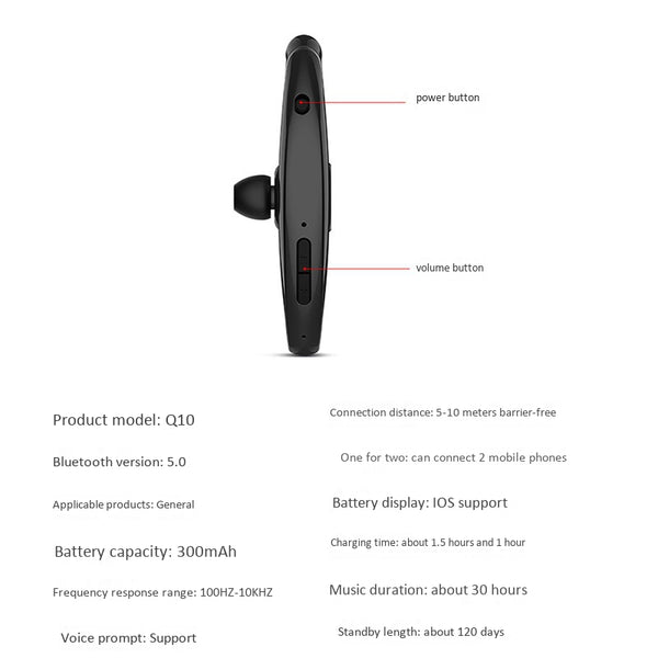 Q10 Wireless Headphone Earbud Ear Hook Bluetooth 5.0 Earphone 300MAh Single J2W1