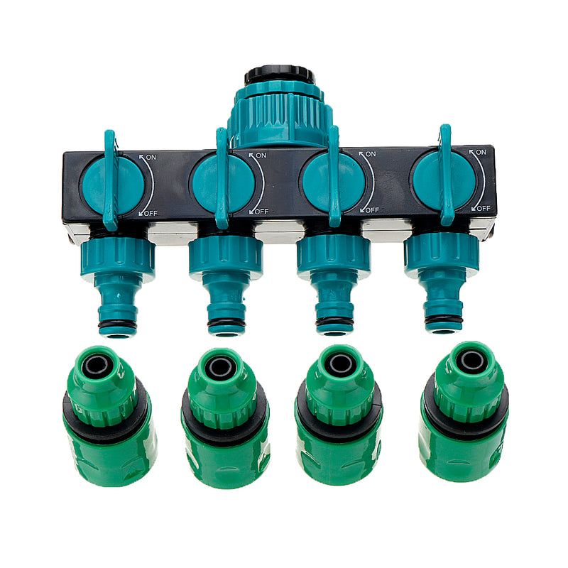 Universal 4 Way Garden Hose Splitter Tap Manifold for 1/2" 3/4" 1" Garden Faucet Shut Off Connector Water Pipe Divider Hose Quick Adapter Outdoor Irrigation