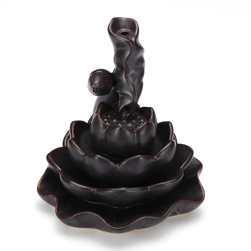 Ceramic Lotus Pond Waterfall Smoke Backflow Cone Censer Incense Burner Holder + 10 Cones