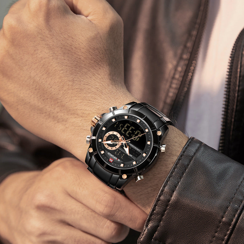 NAVIFORCE 9163 Waterproof Alarm Business Style Dual Display Watch Full Steel Quartz Watch