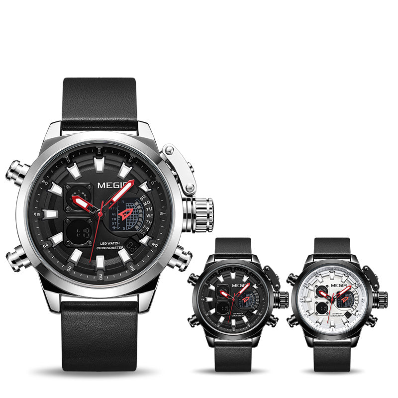 MEGIR 2090 Fashion Men Digital Watch Chronograph Luminous Display Waterproof Leather Strap Dual Display Watch