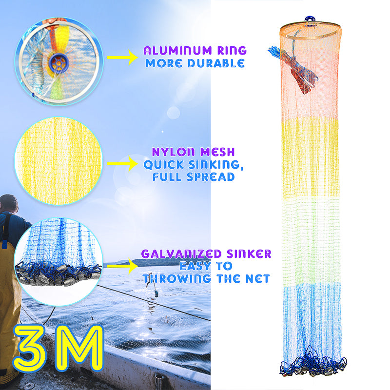 ZANLURE 13/12/10/8FT Hand Cast Fishing Net Spin Network Bait Twine Fish Net
