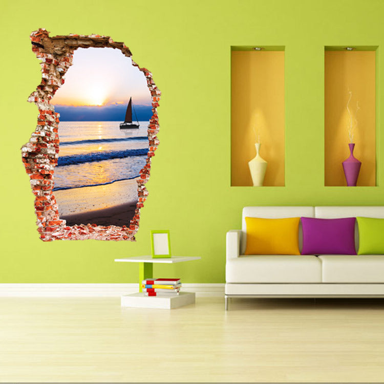 Miico Creative 3D Sea Sunset Broken Wall Removable Home Room Decorative Wall Door Decor Sticker
