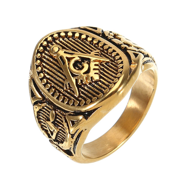 Vintage Stainless Steel Men's Ring Free-Mason Logo Finger Ring for Men
