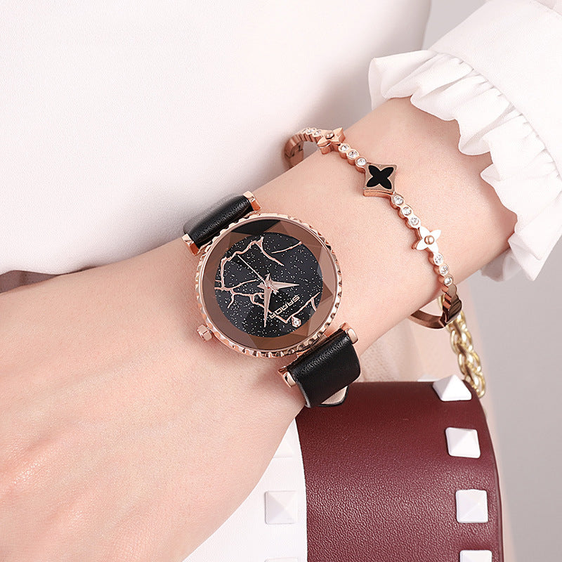 SANDA P231 Women Fashion Star Transparent Dial Leather Band Quartz Watch