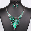 Elegant European Leaves Enamel Inlay Crystal Necklace Earrings Jewelry Set for Women