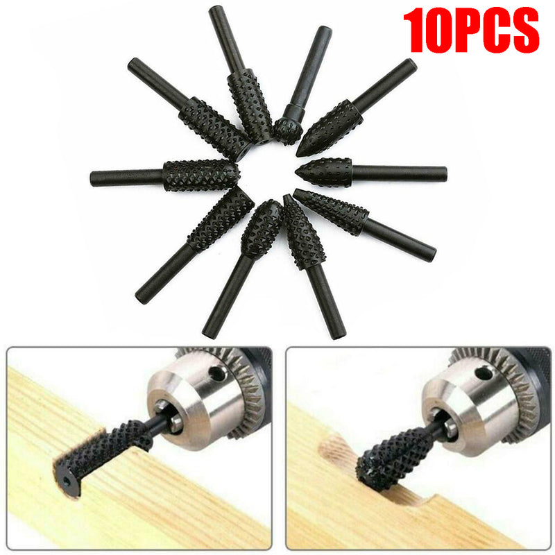 10pcs Rotary Burr Set 6mm Shank Wood Carving Polish Grinding Rasp Drill Bit Tool