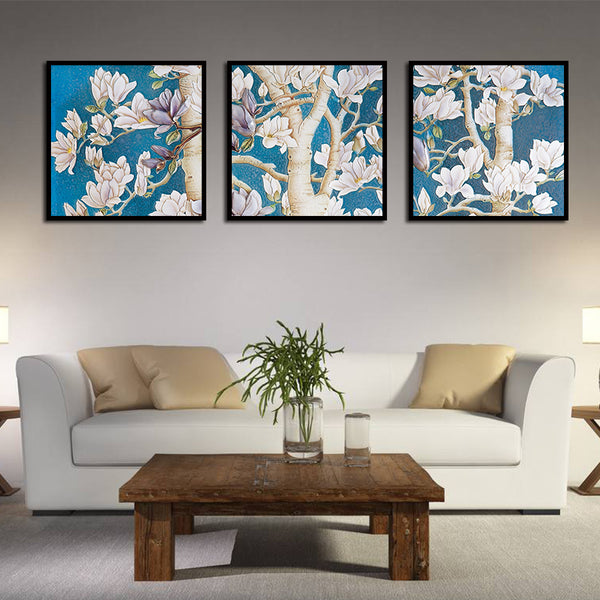 Miico Hand Painted Three Combination Decorative Paintings Oak flower Wall Art For Home Decoration