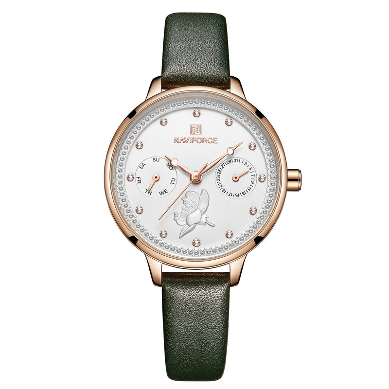 NAVIFORCE 5003 Diamonds Elegant Design Ladies Wrist Watch Genuine Leather Strap Quartz Watch