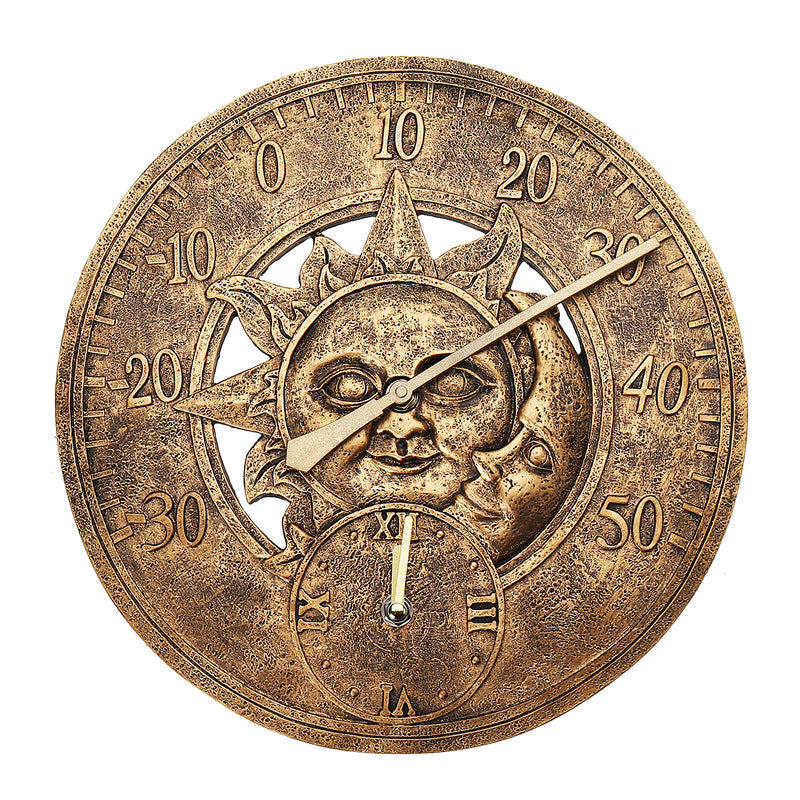 Waterproof Outdoor Indoor Garden Wall Station Clock Thermometer 12 Inch Sun And Moon