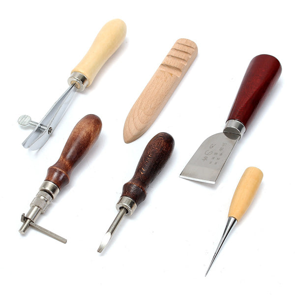 6pcs Wood Handle Leather Craft Tool Kit Leather Hand Sewing Tool Punch Cutter DIY Set