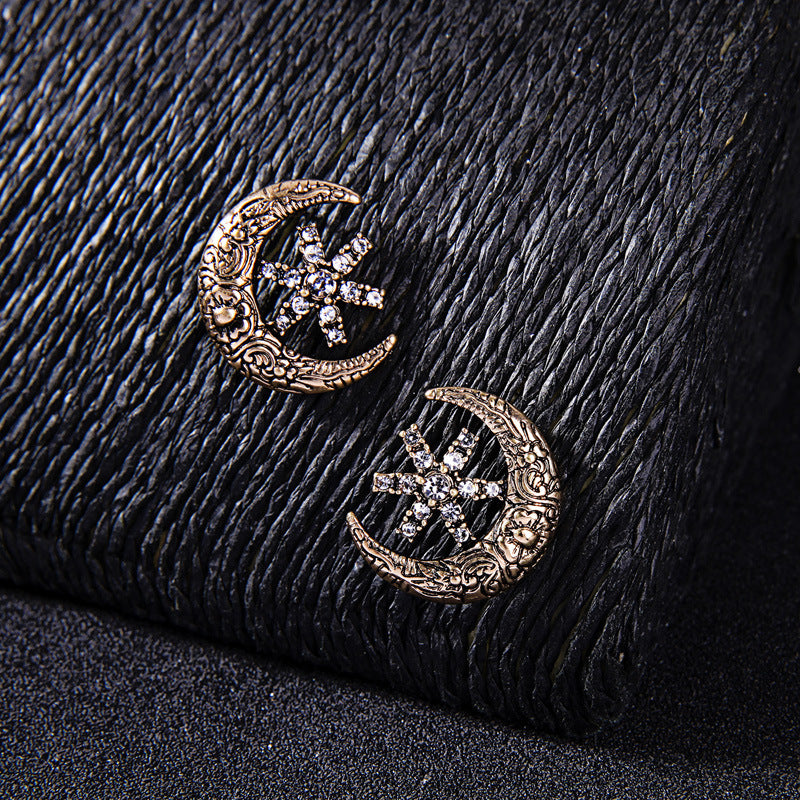 Star-Studded Moon Flower Embossed Earrings Female Retro Style