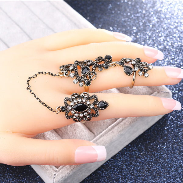 Vintage Geometric Openwork Stereoscopic Flower Rings Gold Plated Rhinestone Adjustable Double Ring