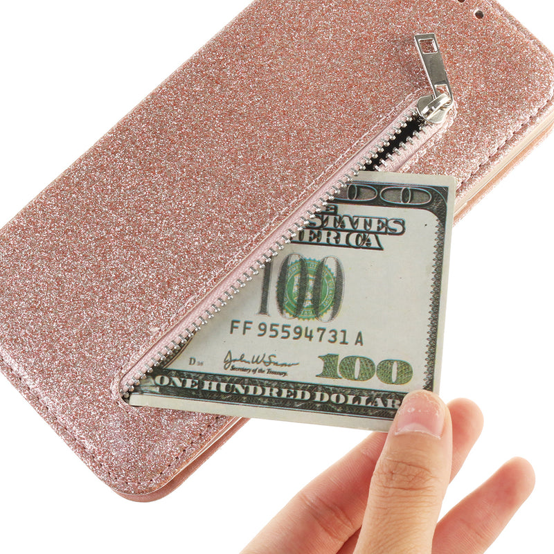 Bling Glitter Luxury Flip PU Leather Zipper Wallet Phone Bag with Multi Card Slots Stand Protective Case for iPhone 11 / iP XR / iP 7 / iP 8