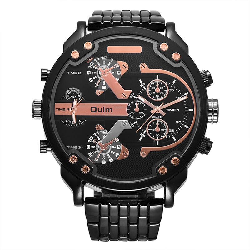 OULM 3548 Unique Design Full Steel Men Wrist Watch Three Time Zones Quartz Watches