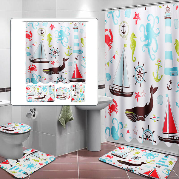 Marine Animal Bathroom Shower Curtain Toilet Cover Bath Mat Non-Slip Rug Set
