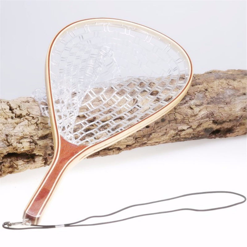 58CM Wooden Handle Fly Fish Fishing Landing Trout Clear Rubber Net Mesh Catch Tackle