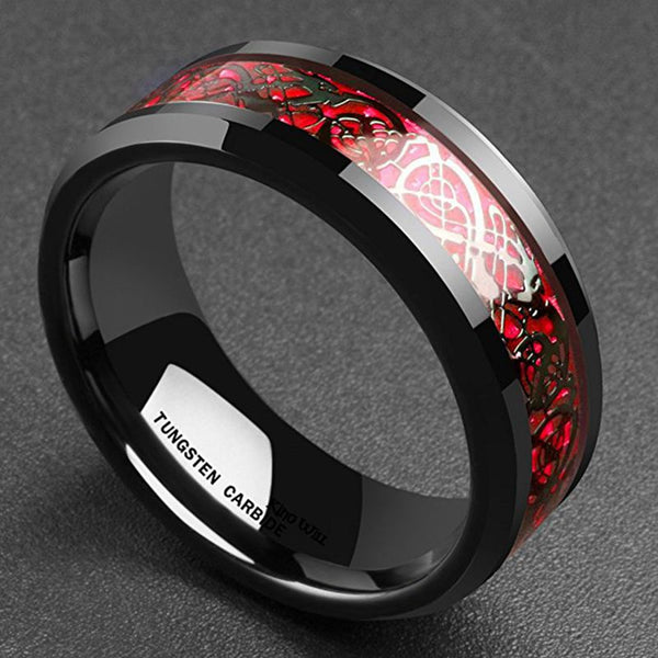 Ethnic Solid Carbon Fiber Finger Rings Vintage Red Dragon Pattern Finger Ring Jewelry For men