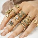 13 Pcs Women's Retro Carved Hollow Elephant Palm Mosaic Lotus Rhinestone Rings