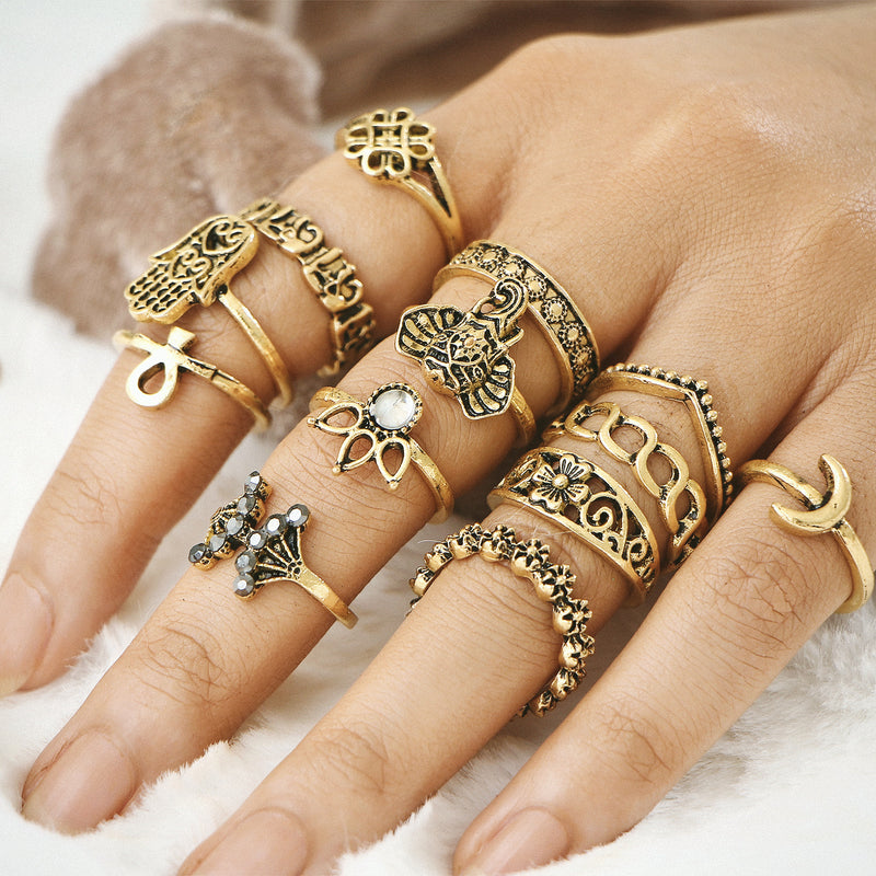 13 Pcs Women's Retro Carved Hollow Elephant Palm Mosaic Lotus Rhinestone Rings