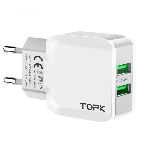 TOPK 12W 2.4A Safety Dual USB Wall Charger EU Adapter for Nokia X6 Xiaomi Mi A2 Pocophone F1