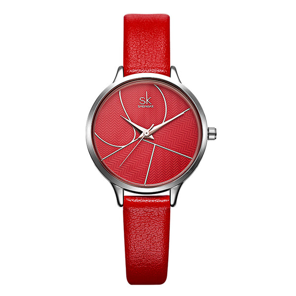 SHENGKE SK K0116 Fashion Simple Dial Conspicuous Leather Strap Women Quartz Watch