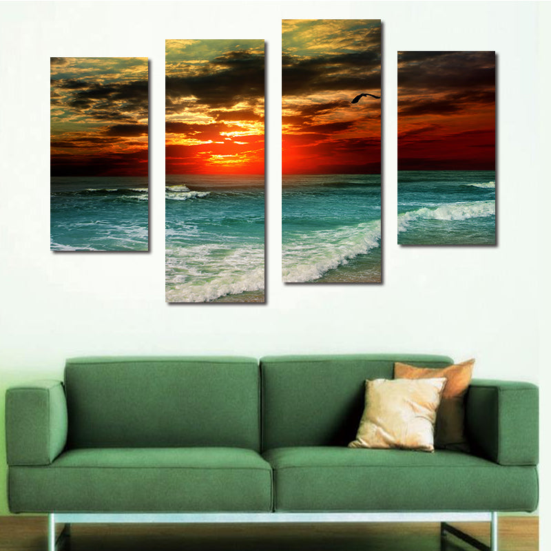 Miico Hand Painted Four Combination Decorative Paintings Beach Sunset Wall Art For Home Decoration