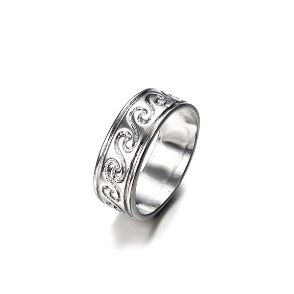 Vinatge Finger Ring Antique Silver Simple Engraved Pattern Wave Rings Ethnic Jewelry for Women Men