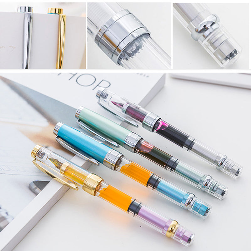 Wing Sung 3008 Piston Transparent Fountain Pen Wingsung Silver EF Nib & Trim Ink Pen Office School Gift