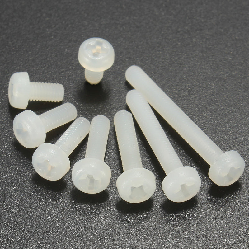 Suleve M3NP2 50Pcs M3 White Round Pillips Pan Head Plastic Nylon Screw Bolt 5/6/8/10/12/15/20/25mm Length