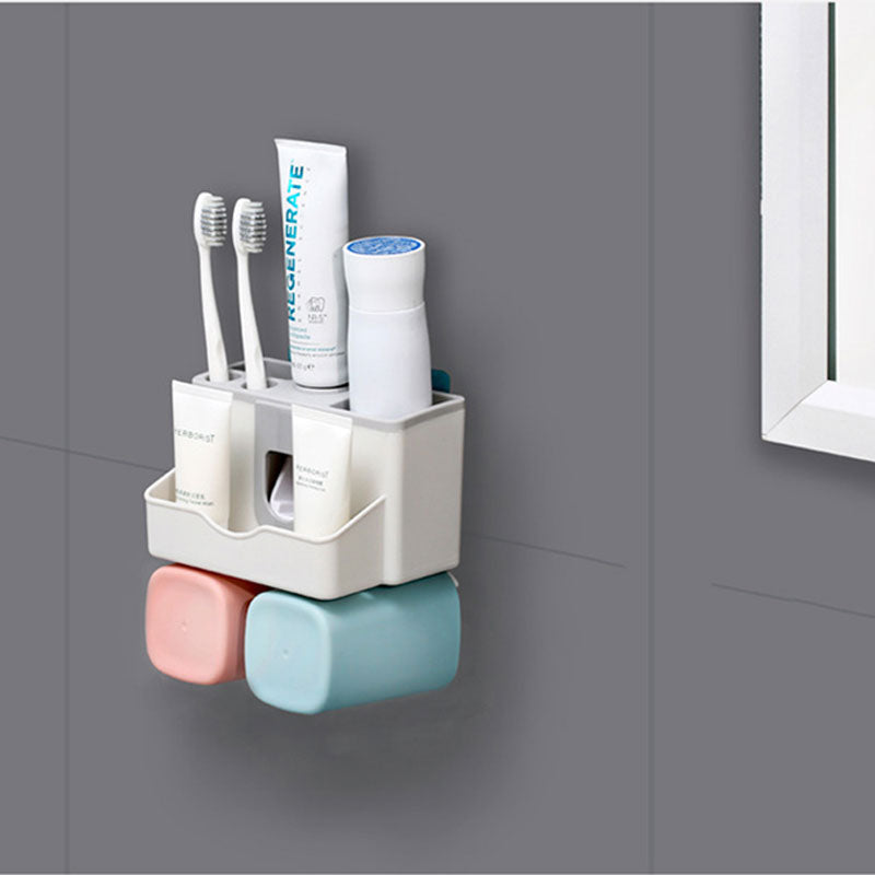 Toothbrush Holder Set Storage Suplies Save Space No Drill Wall Mount Toothpaste Dispenser Multi-Functional Slots Bathroom Strong Traceless Hander